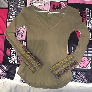 Free people olive green pattern long sleeve waffle v neck top